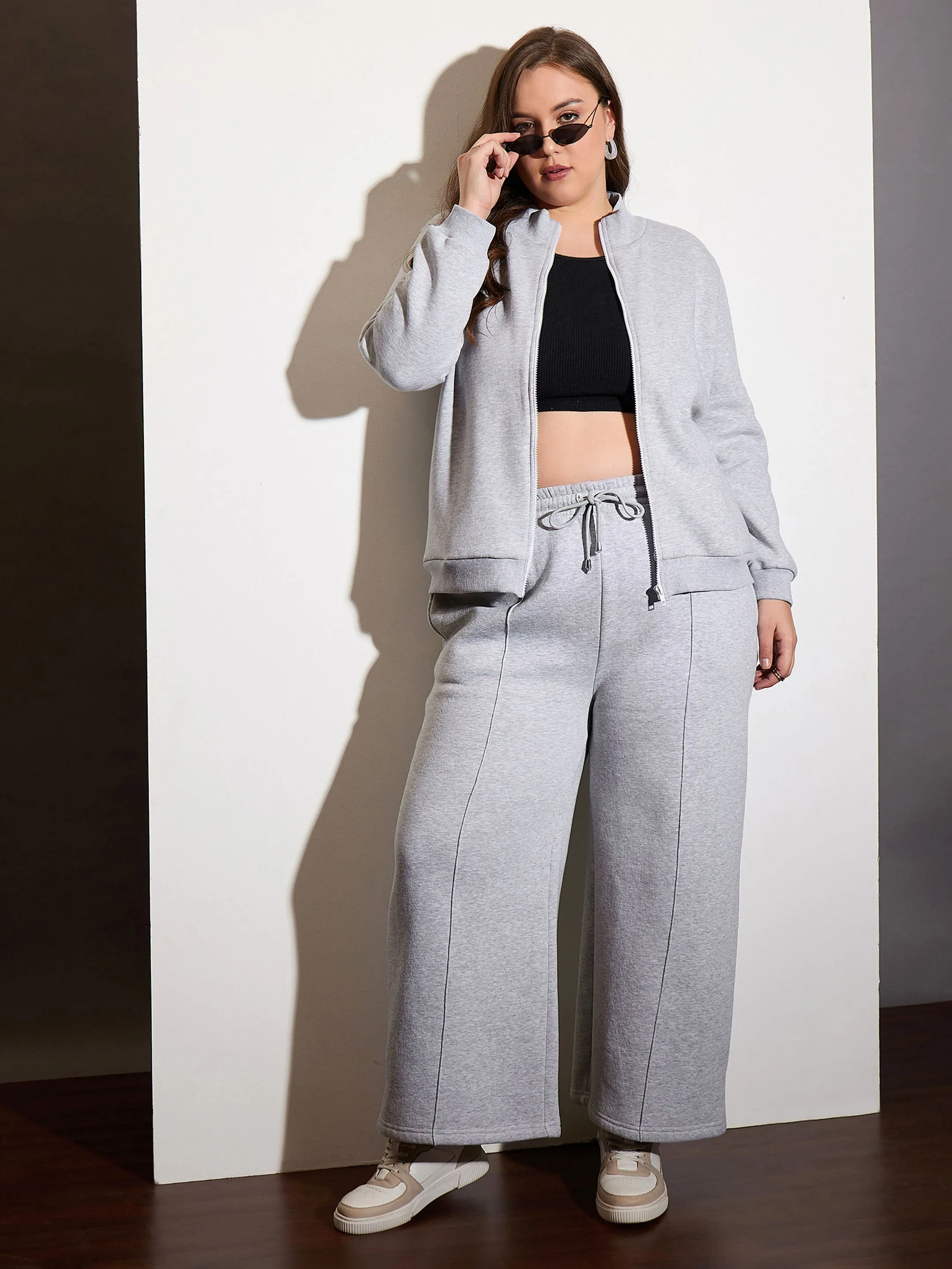 Women Grey Melange Fleece Front Zipper Jacket With Sweatpants