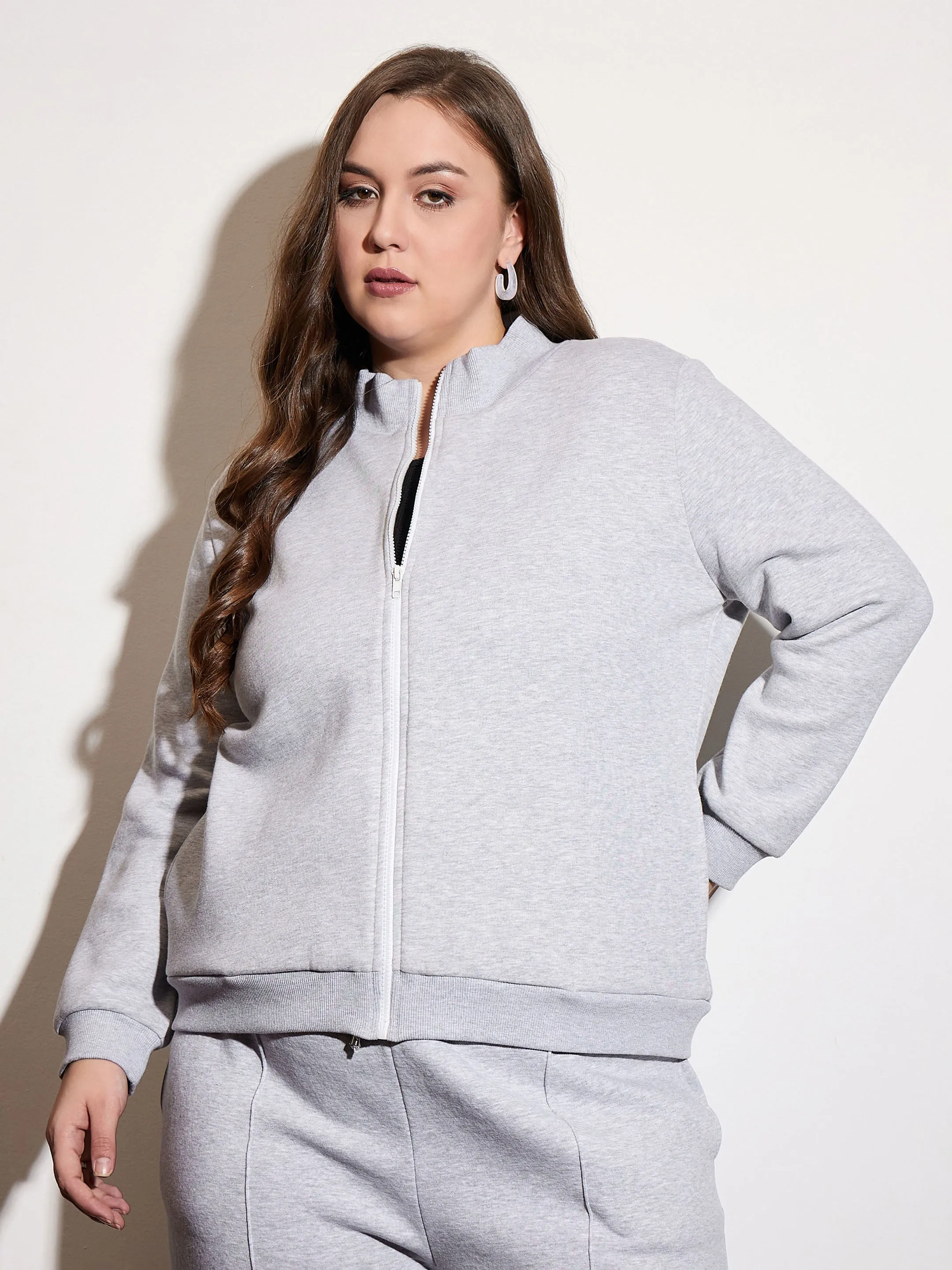 Women Grey Melange Fleece Front Zipper Jacket With Sweatpants