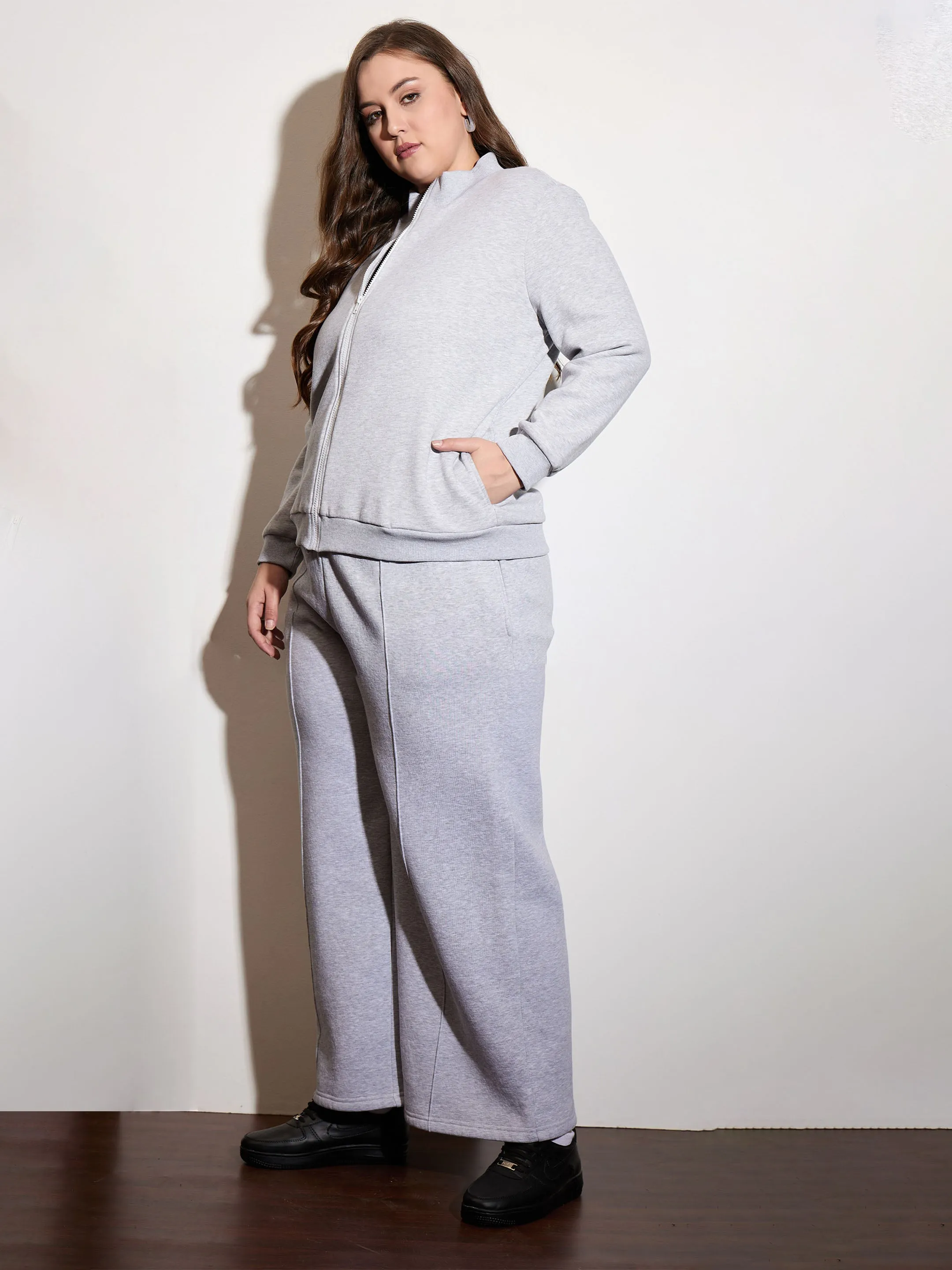 Women Grey Melange Fleece Front Zipper Jacket With Sweatpants