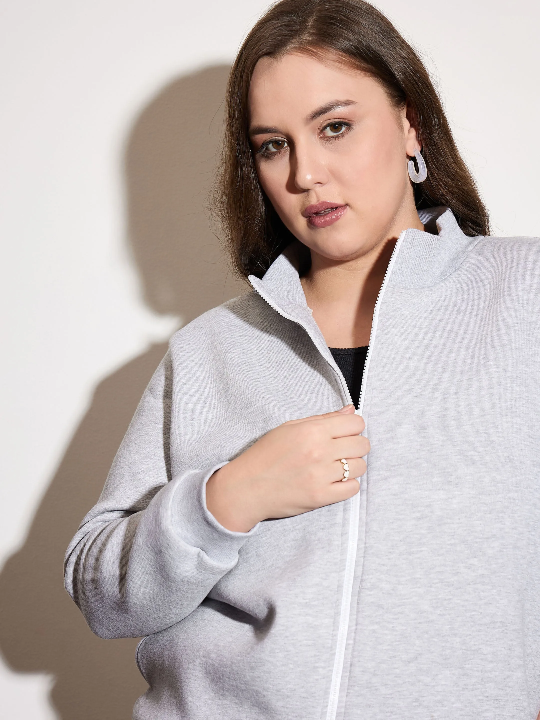 Women Grey Melange Fleece Front Zipper Jacket With Sweatpants