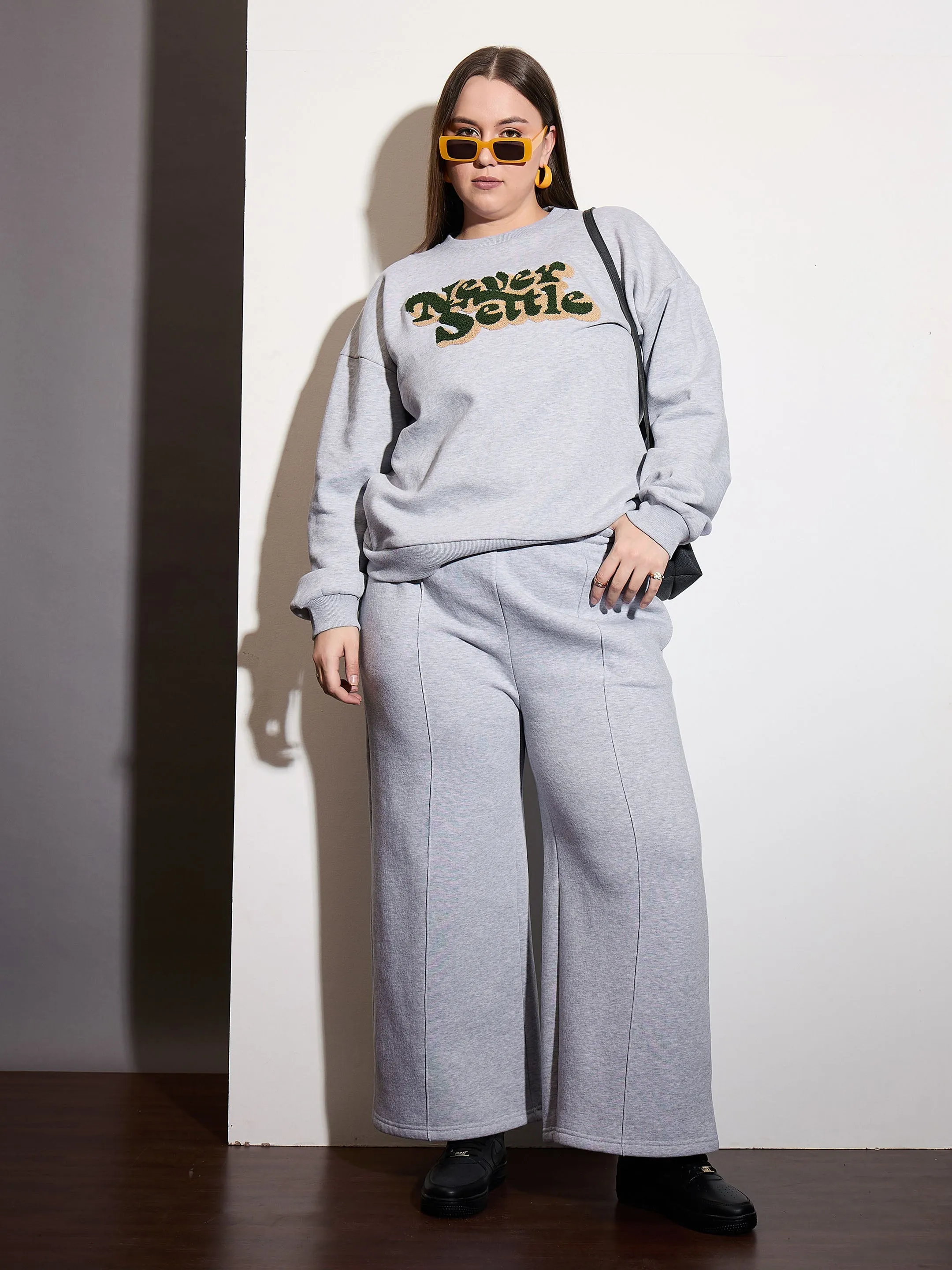 Women Grey Melange Fleece NEVER SETTLE Emb Sweatshirt With Sweatpants