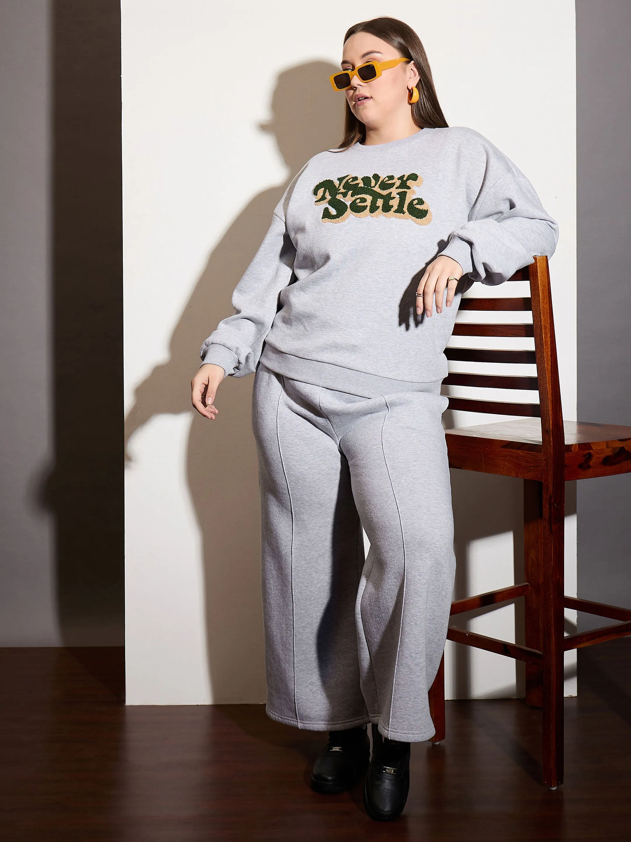 Women Grey Melange Fleece NEVER SETTLE Emb Sweatshirt With Sweatpants