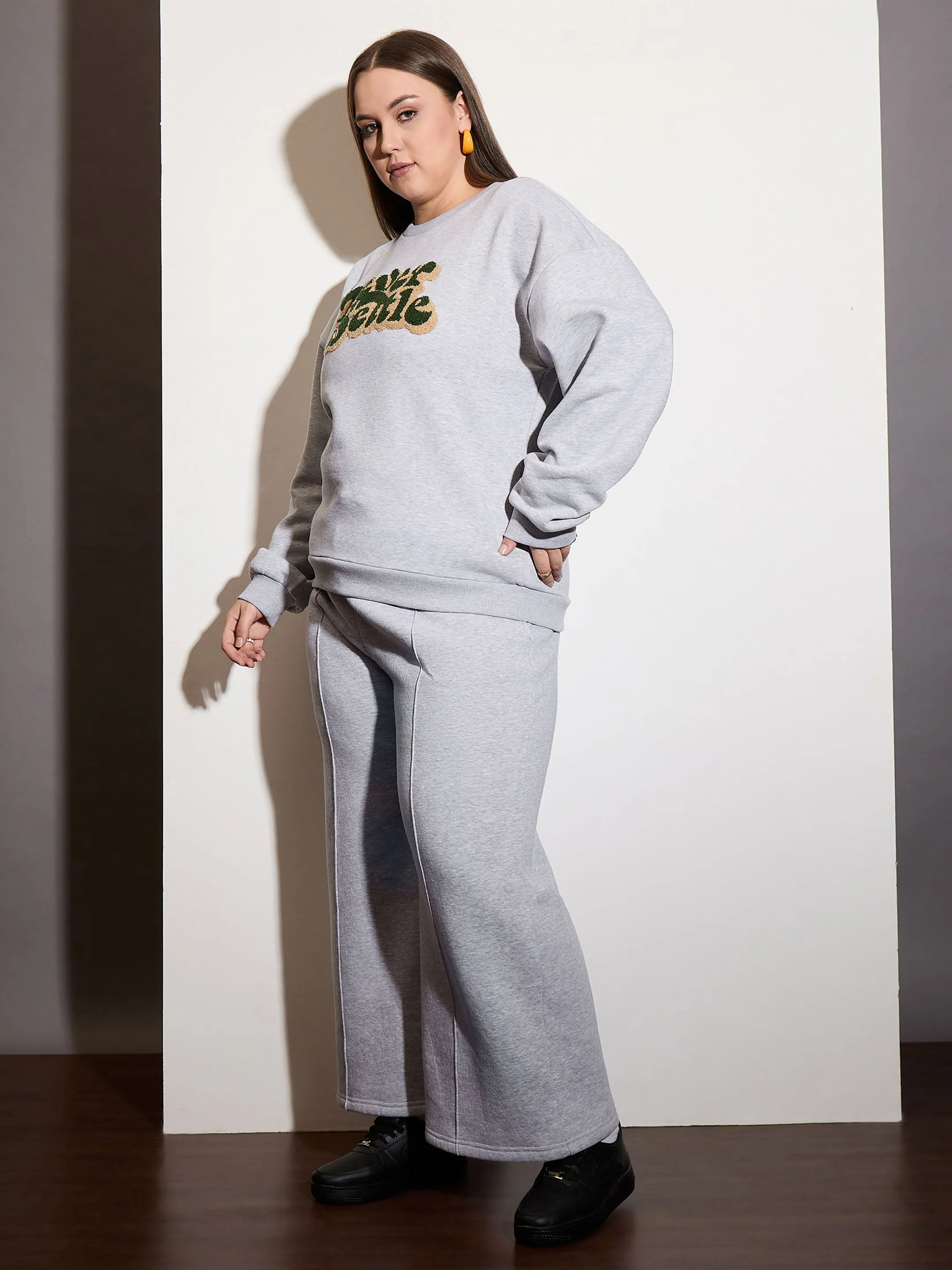 Women Grey Melange Fleece NEVER SETTLE Emb Sweatshirt With Sweatpants