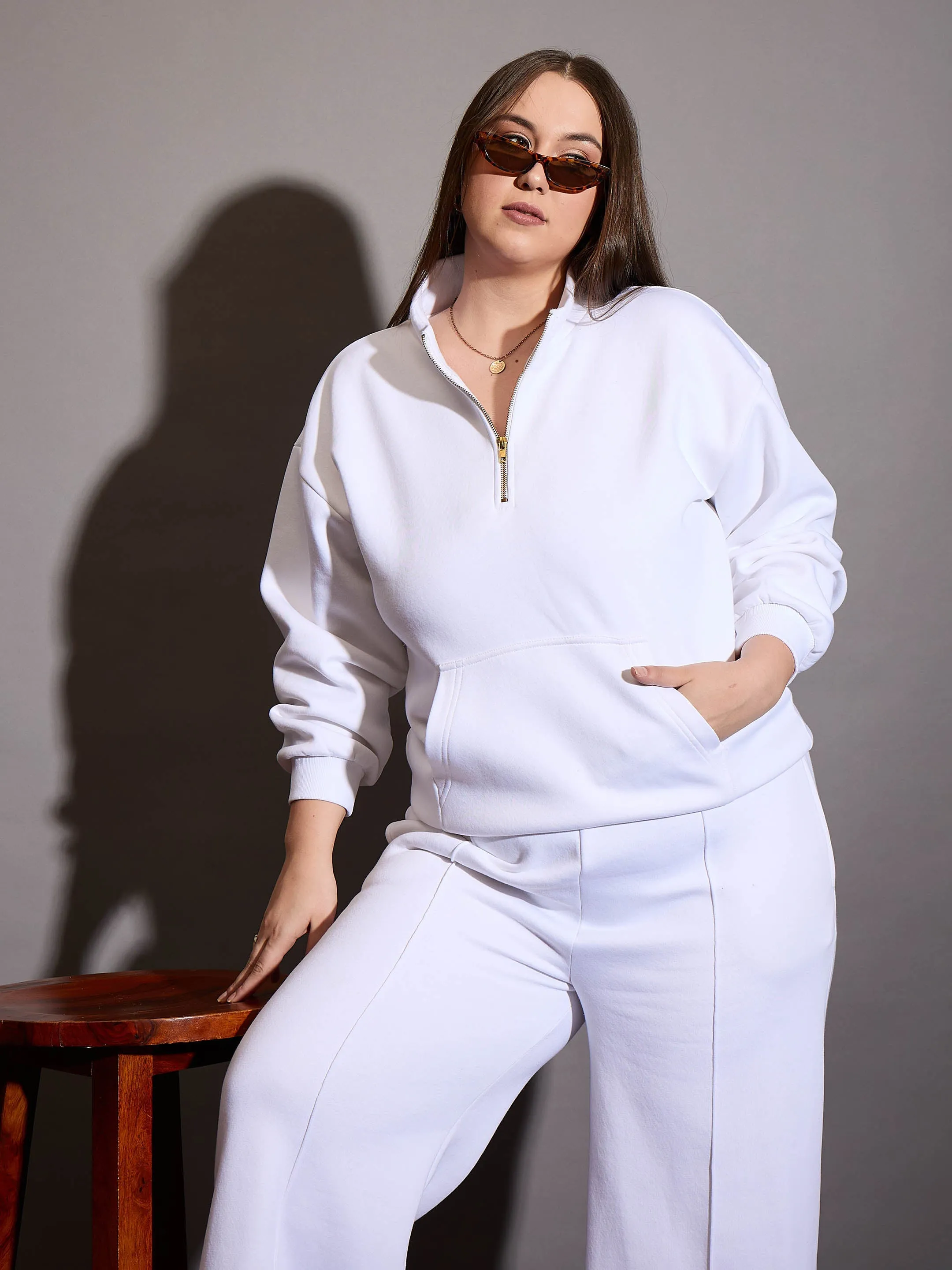 Women White Fleece Half Zipper Sweatshirt