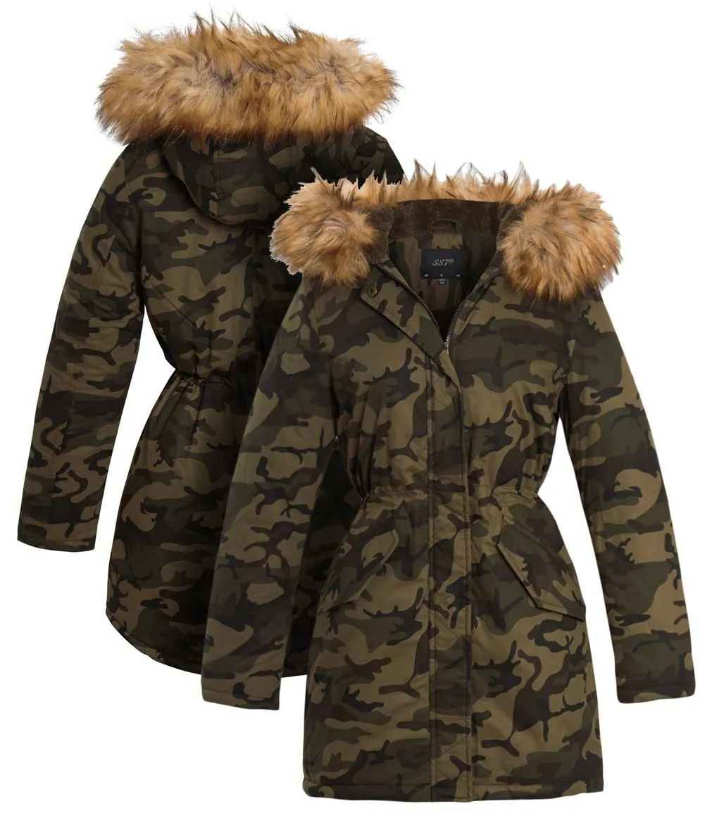 Womens Fleece Lined Khaki Camo Parka, UK Sizes 8 to 16