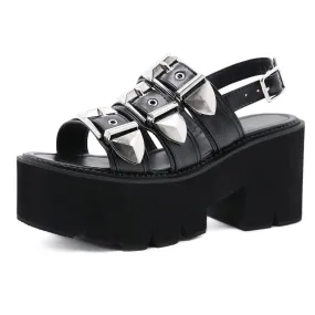 Women's Punk Layered Buckles Peep-toe Platform Sandals