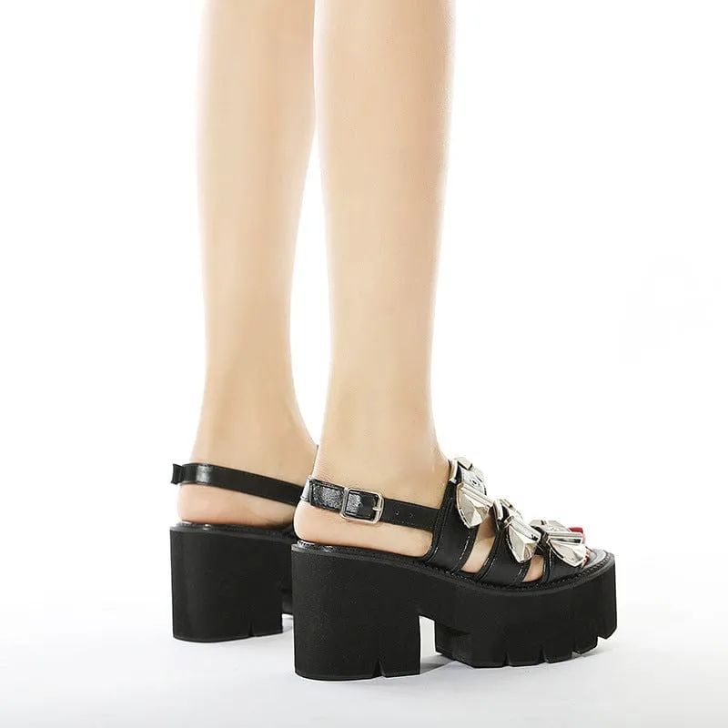 Women's Punk Layered Buckles Peep-toe Platform Sandals