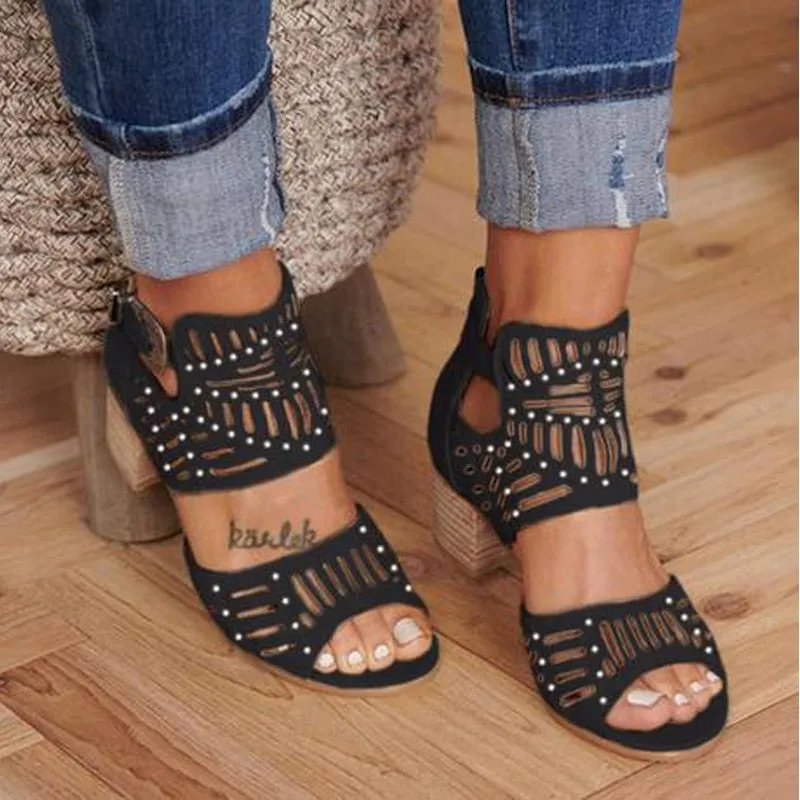 Women's Vintage Style Hollow Out Peep Toe Casual High Square Heels