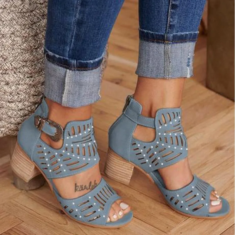 Women's Vintage Style Hollow Out Peep Toe Casual High Square Heels