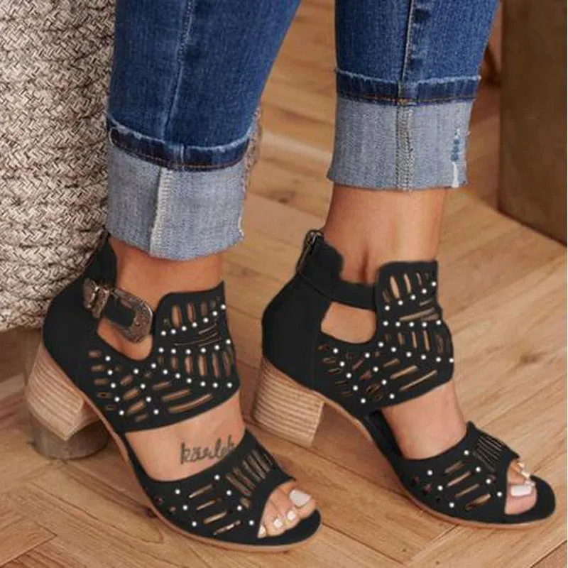 Women's Vintage Style Hollow Out Peep Toe Casual High Square Heels