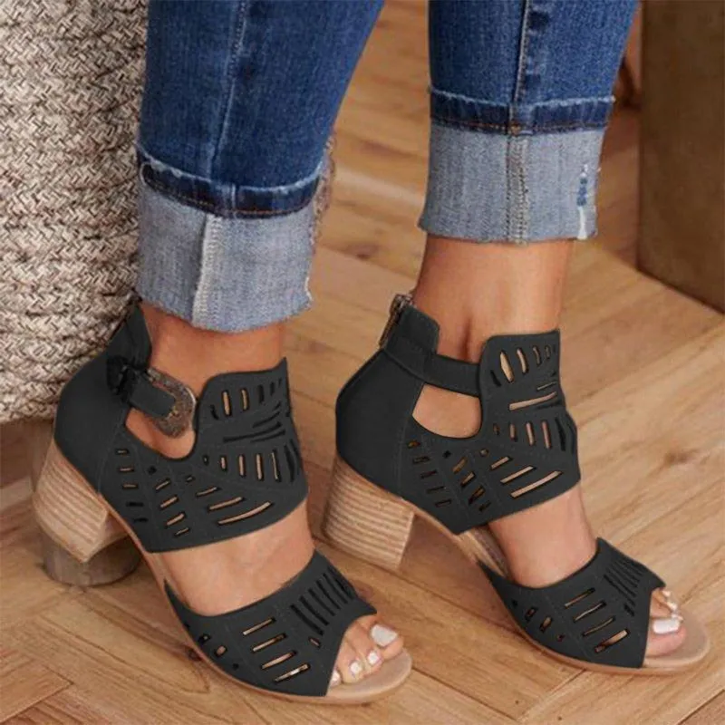 Women's Vintage Style Hollow Out Peep Toe Casual High Square Heels