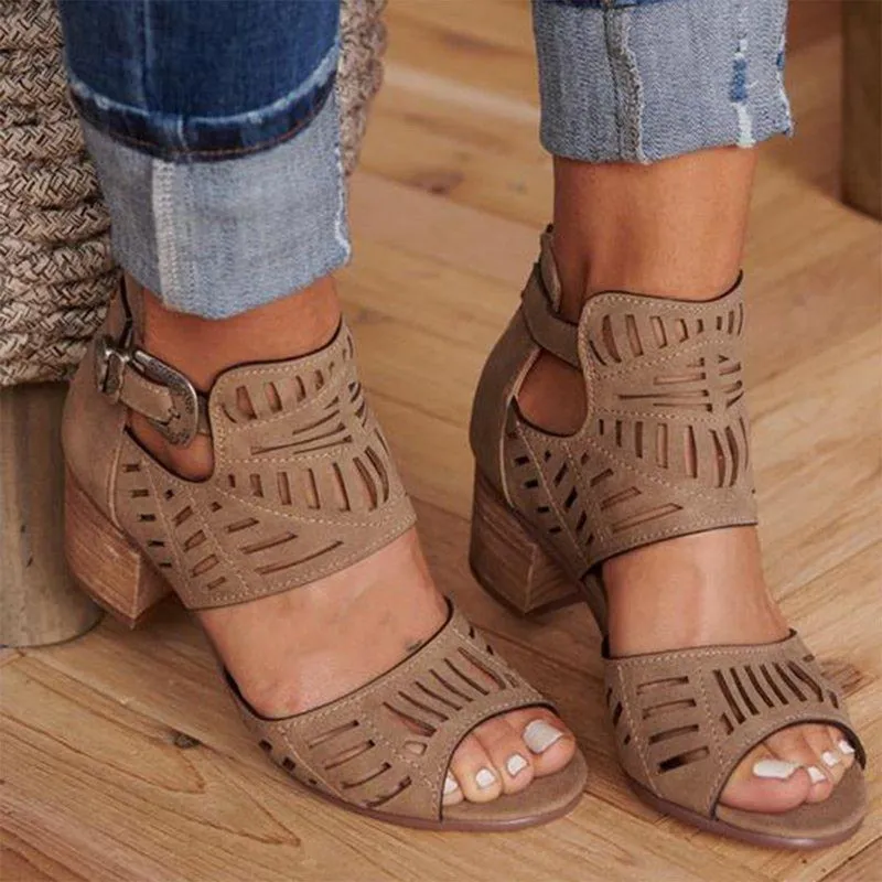 Women's Vintage Style Hollow Out Peep Toe Casual High Square Heels