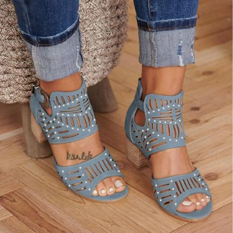 Women's Vintage Style Hollow Out Peep Toe Casual High Square Heels