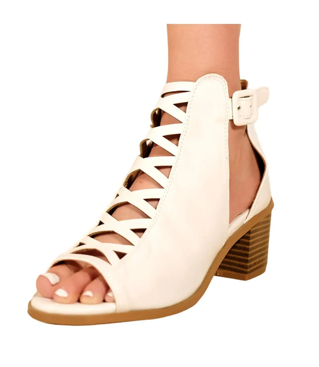 Womens/ladies reydah criss-cross pu peep toe mid high block sandals white Where´s That From