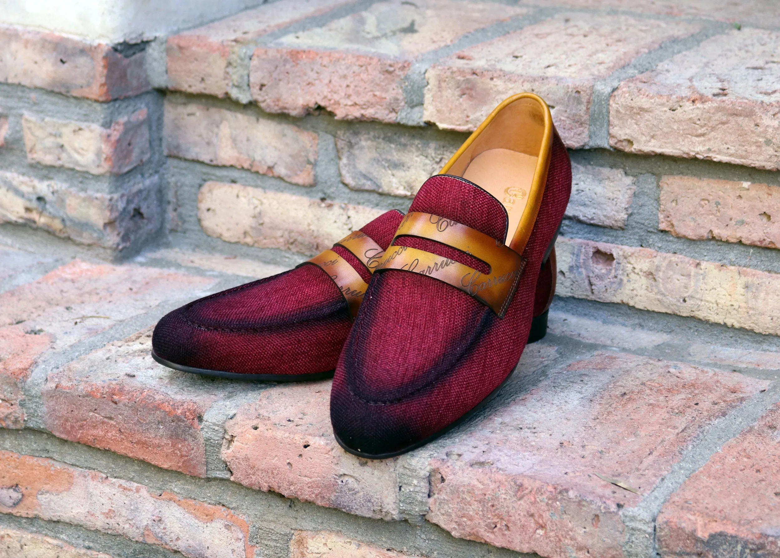 Woven Canvas & Calfskin Slip-On Loafer Burgundy/Camel