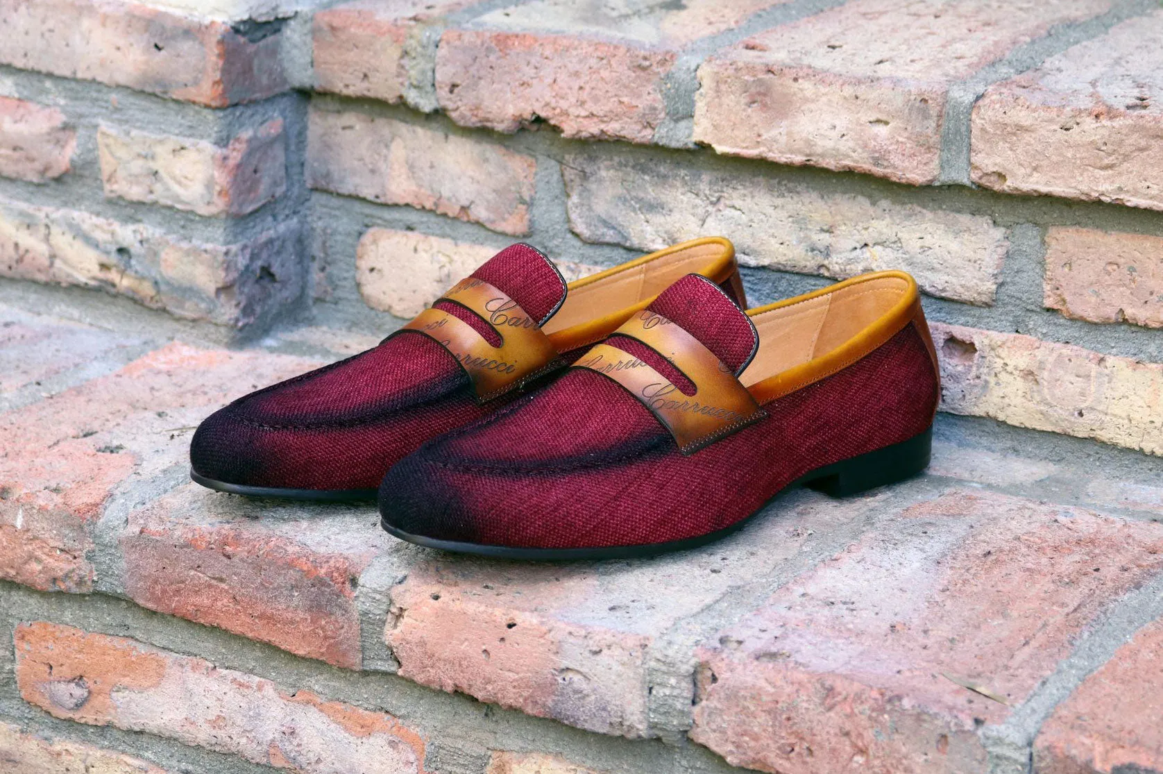 Woven Canvas & Calfskin Slip-On Loafer Burgundy/Camel