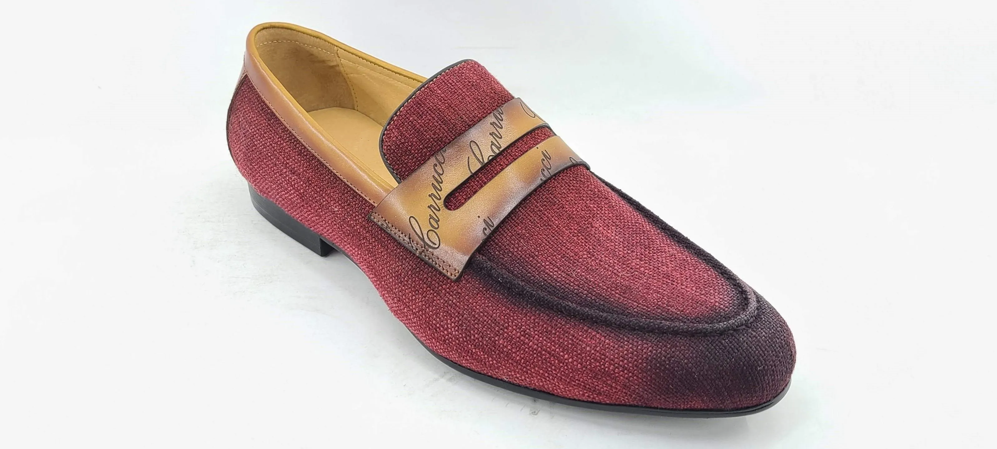 Woven Canvas & Calfskin Slip-On Loafer Burgundy/Camel