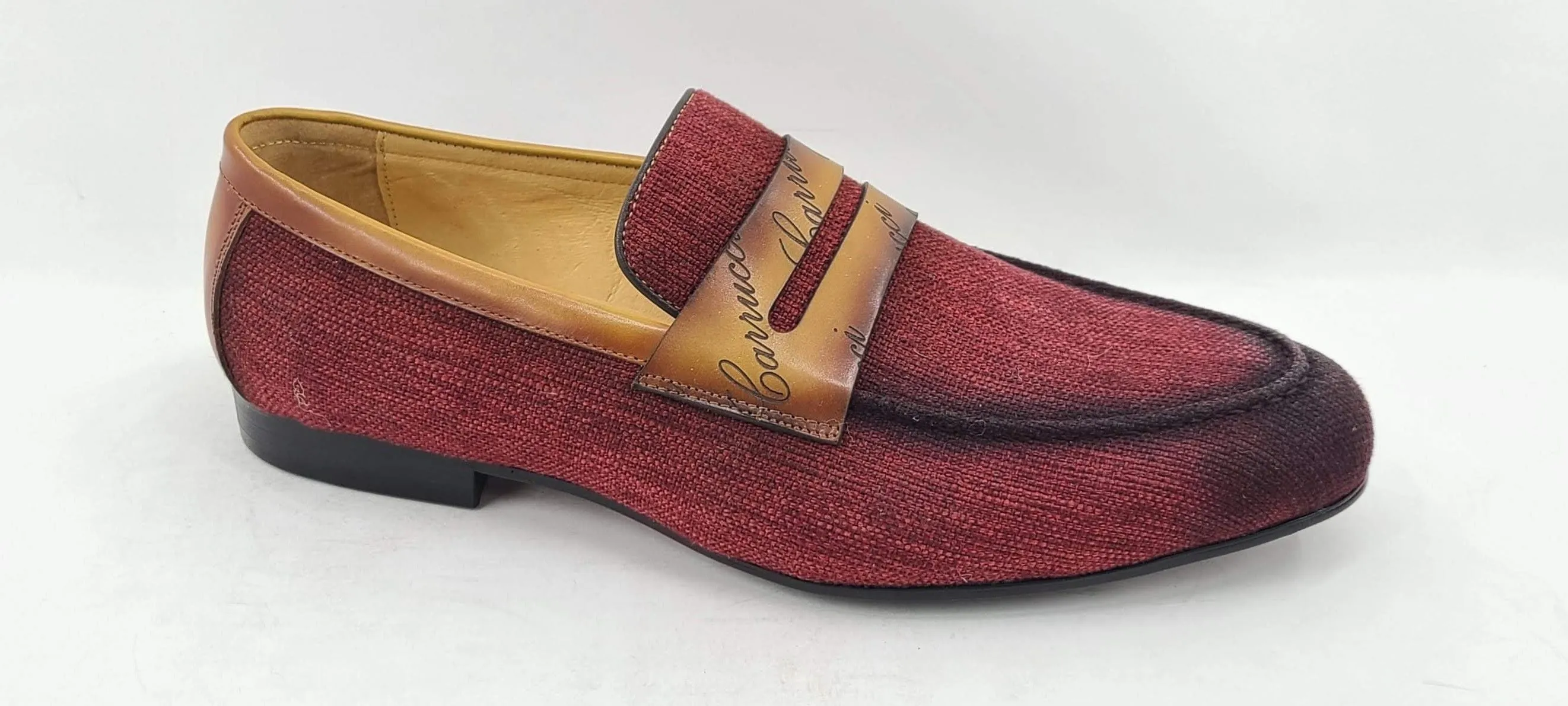 Woven Canvas & Calfskin Slip-On Loafer Burgundy/Camel