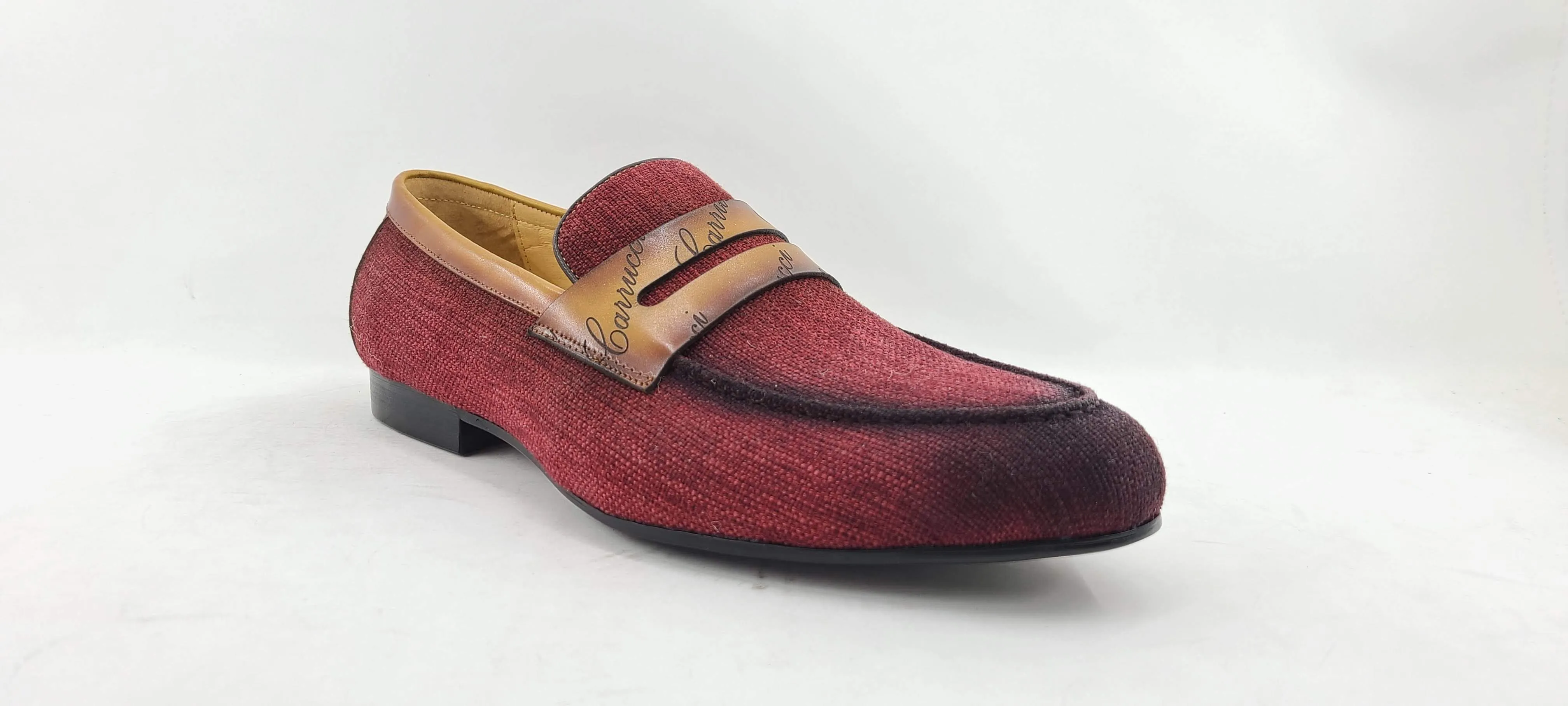 Woven Canvas & Calfskin Slip-On Loafer Burgundy/Camel