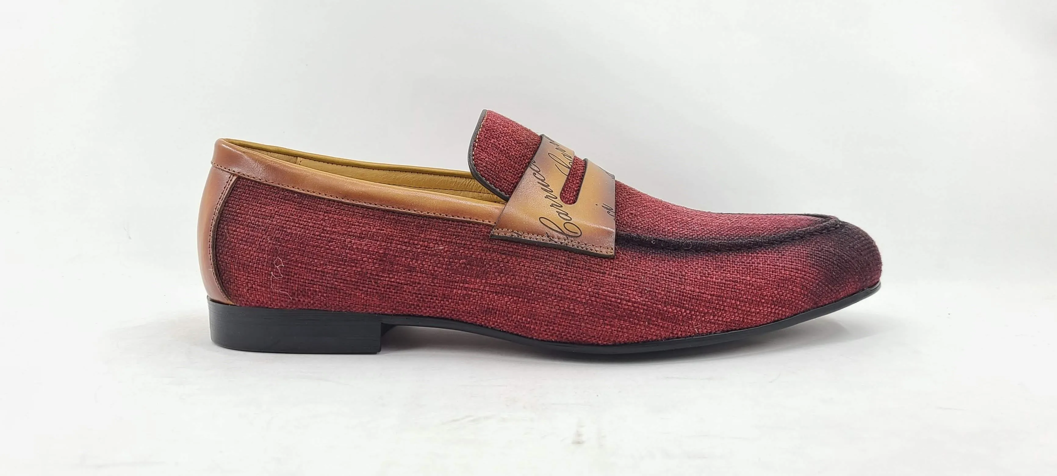 Woven Canvas & Calfskin Slip-On Loafer Burgundy/Camel