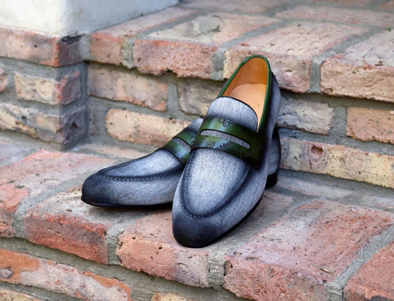 Woven Canvas & Calfskin Slip-On Loafer Grey/Olive