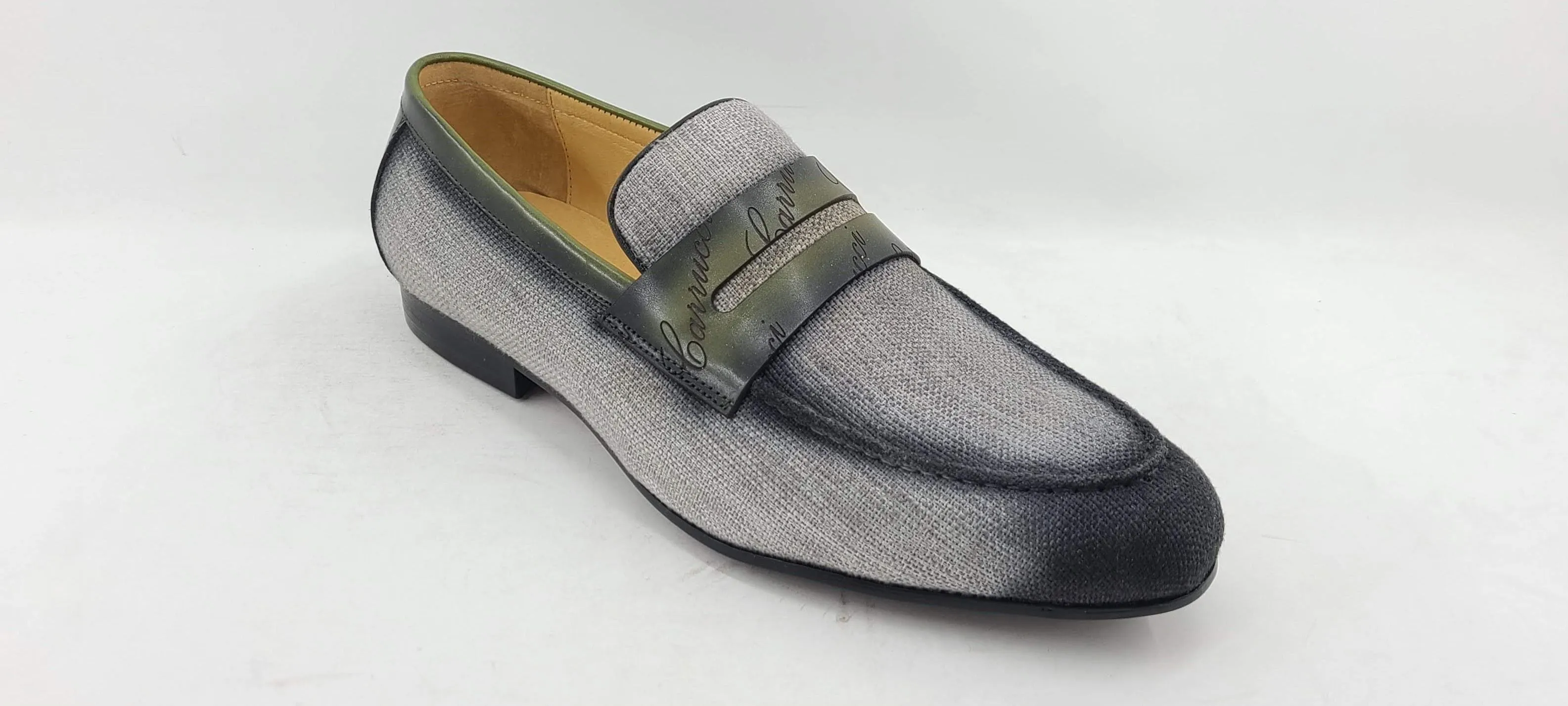 Woven Canvas & Calfskin Slip-On Loafer Grey/Olive