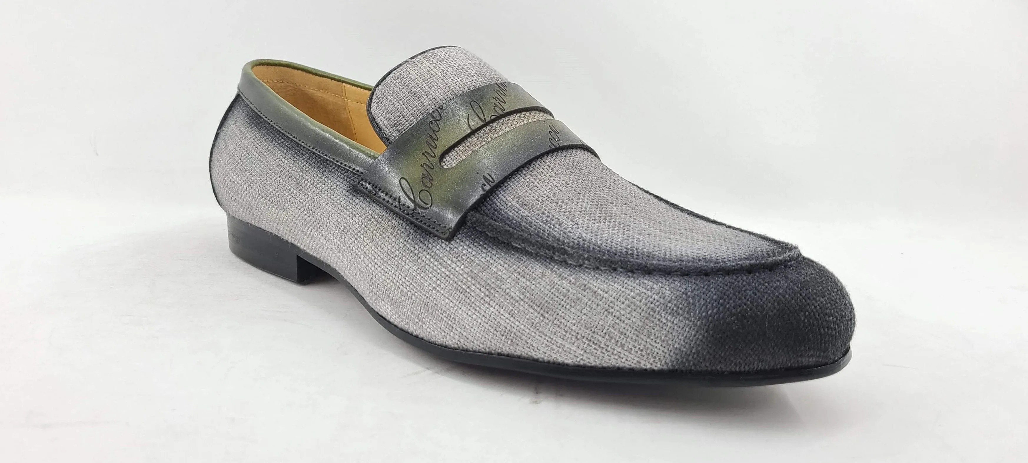 Woven Canvas & Calfskin Slip-On Loafer Grey/Olive