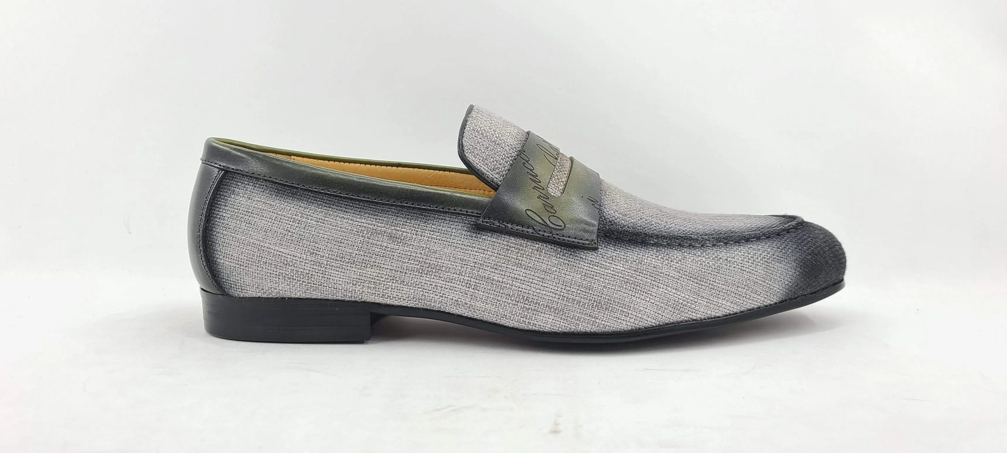 Woven Canvas & Calfskin Slip-On Loafer Grey/Olive