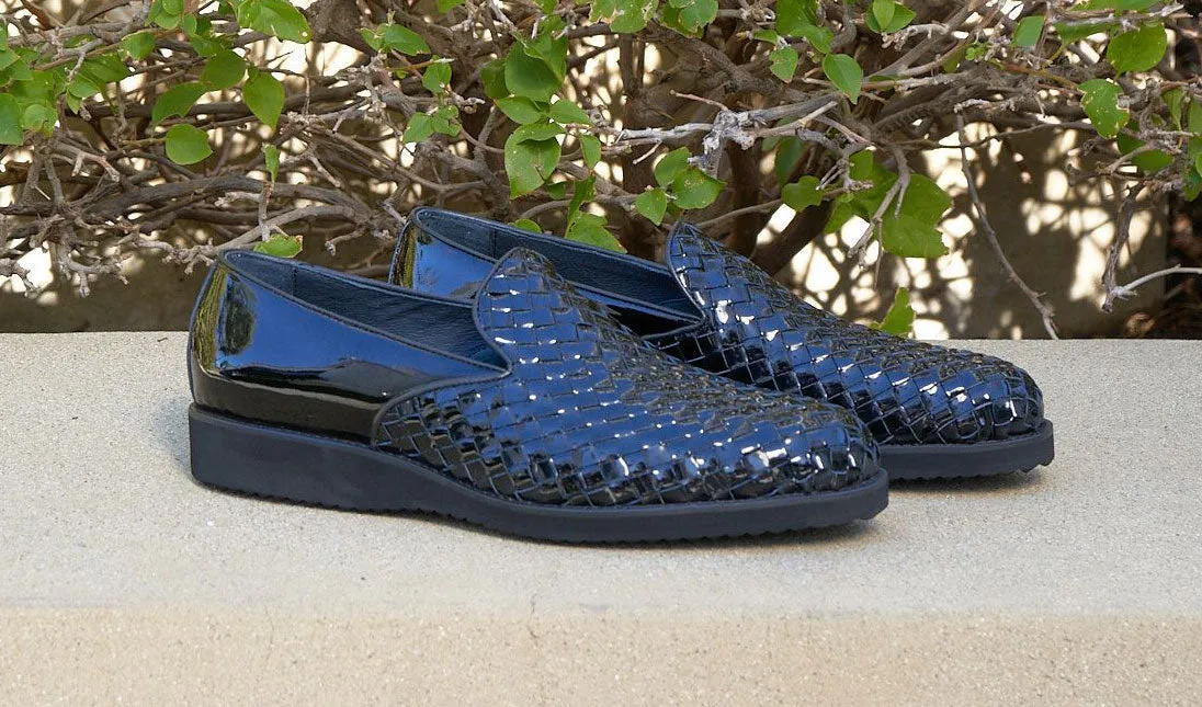 Woven Shiny Calfskin Slip-On Loafer Black