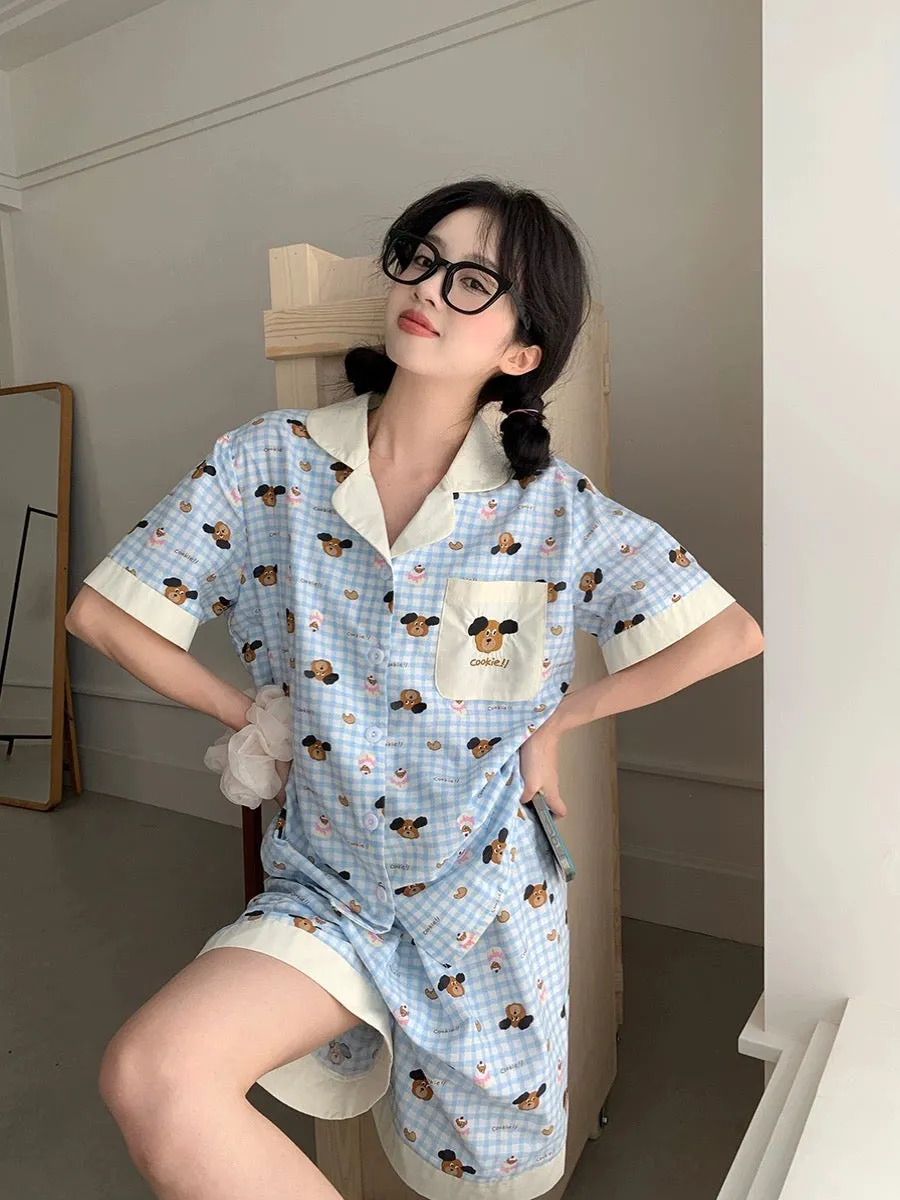 Xinbangbang Homedress contrasting plaid cartoon pajamas for women summer loose and comfortable outer wear home wear set