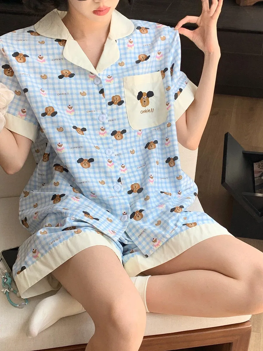 Xinbangbang Homedress contrasting plaid cartoon pajamas for women summer loose and comfortable outer wear home wear set