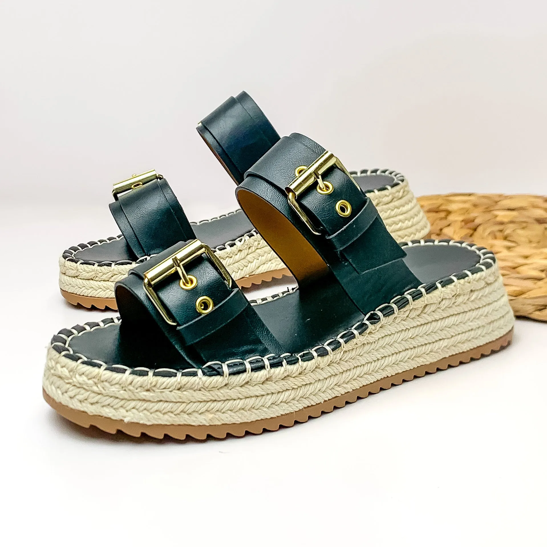 Yacht Trip Two Strap Slide On Espadrille Platform Sandals with Gold Buckles in Black