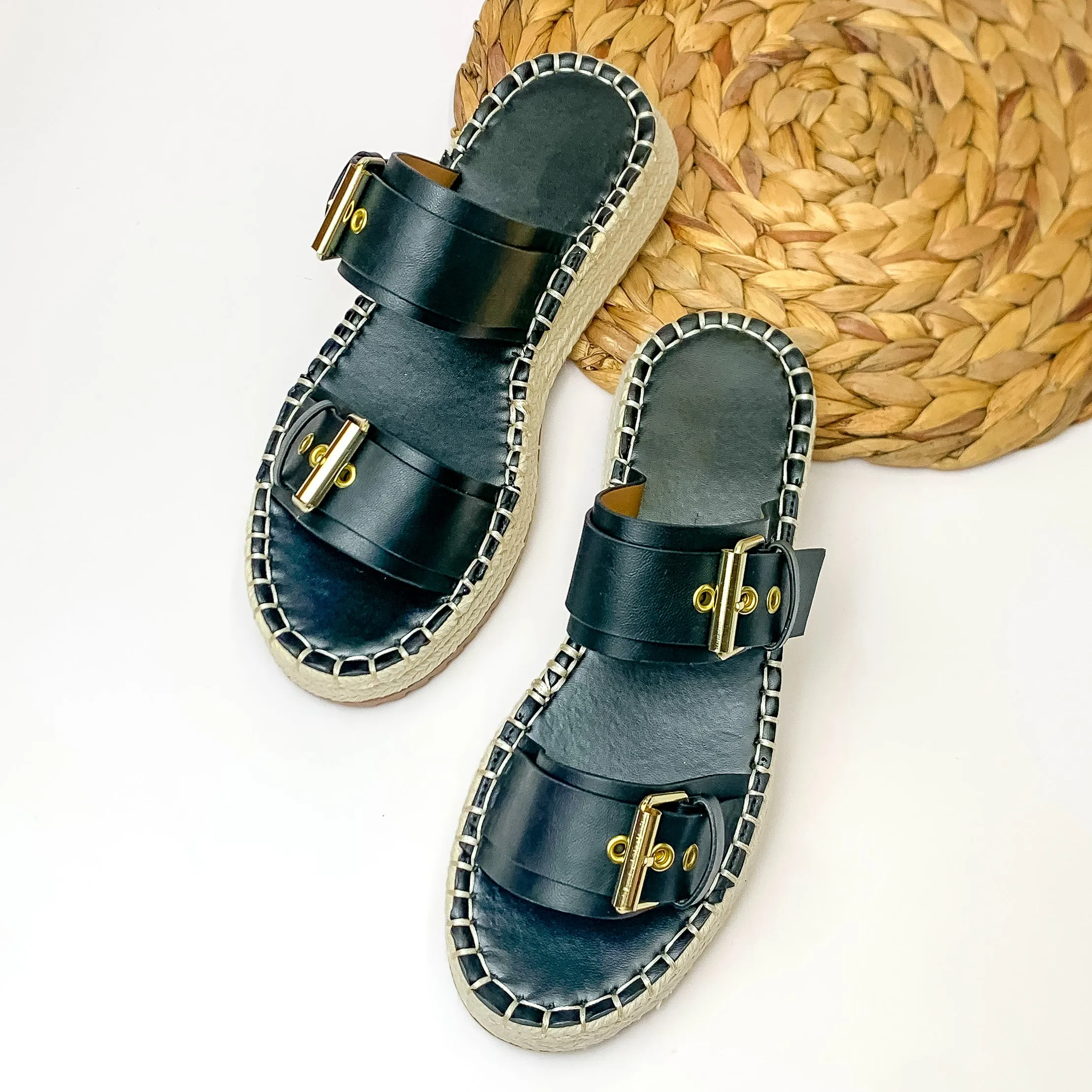 Yacht Trip Two Strap Slide On Espadrille Platform Sandals with Gold Buckles in Black