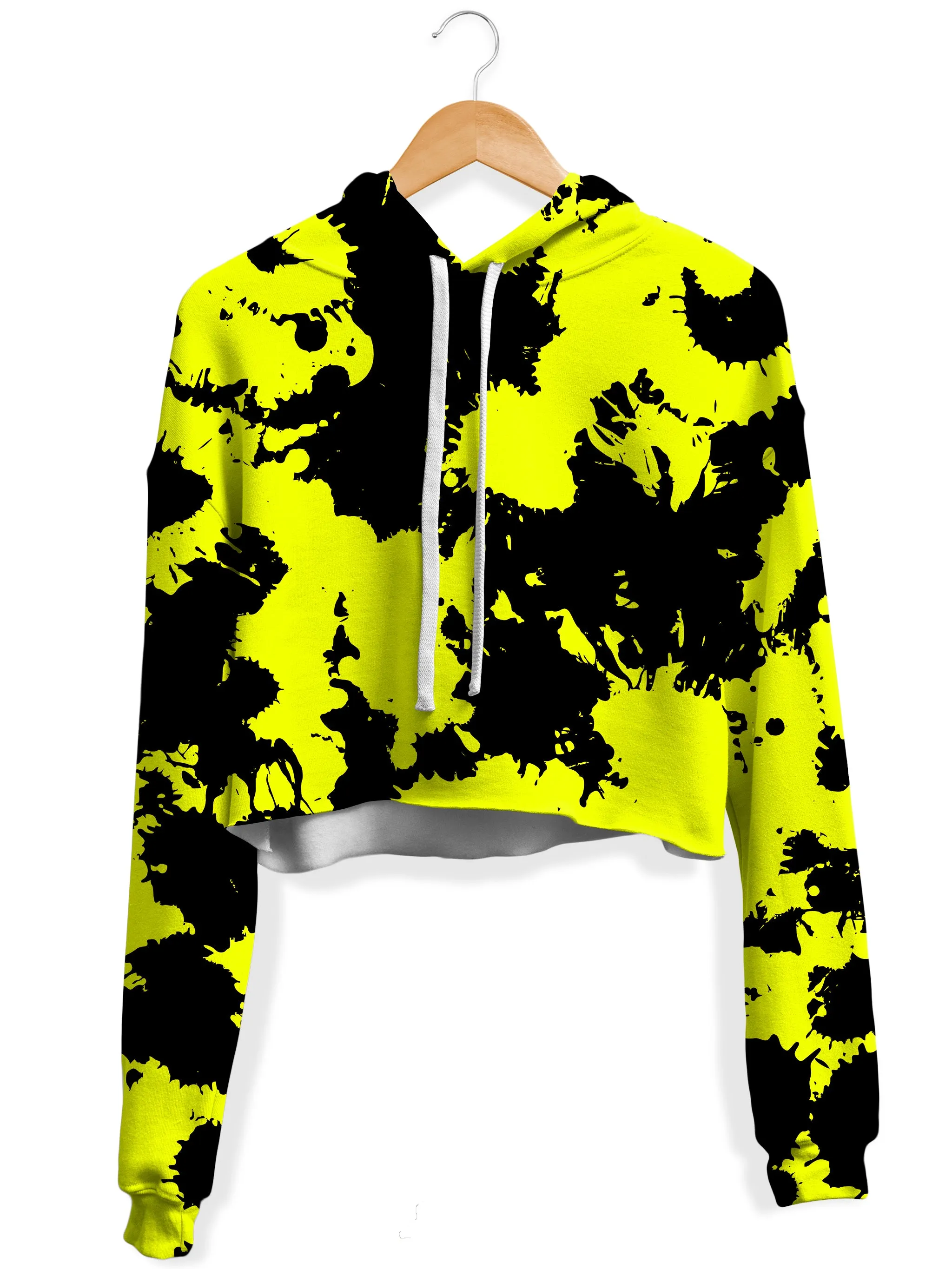 Yellow and Black Paint Splatter Fleece Crop Hoodie